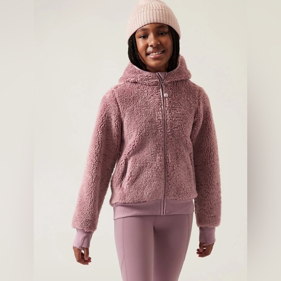 ATHLETA GIRL XXL 16 So Snug Sherpa Full Zip Hooded Jacket Thumbholes Rose Pink - Picture 1 of 16